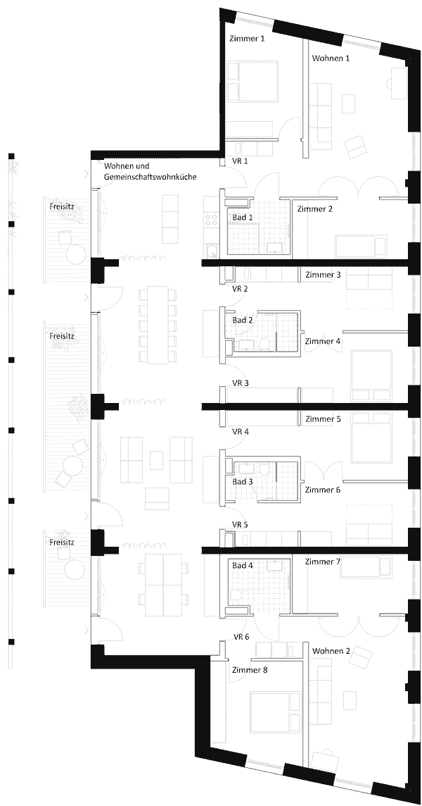 Grundriss der Clusterwohnung ME 027 im Haus Zidane: rechts vier Einheiten mit Zimmern, Vorraum und eigenem Bad, links die gemeinsame Wohnküche mit drei Freisitzen