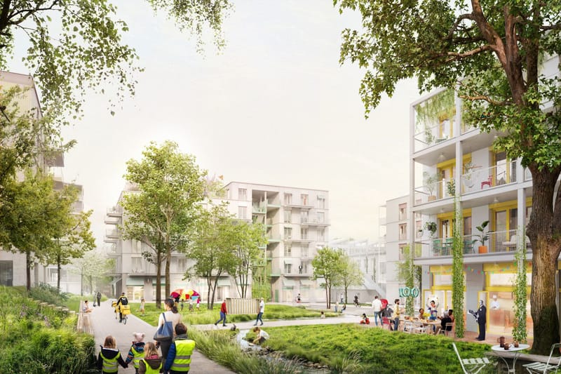 Visualisierung des Quartiers am Rotweg: Ein Weg führt zwischen hellen Neubauten durch einen begrünten Innenhof mit Bäumen, Bachlauf und Café-Tischen, Kinder und Erwachsene sind unterwegs